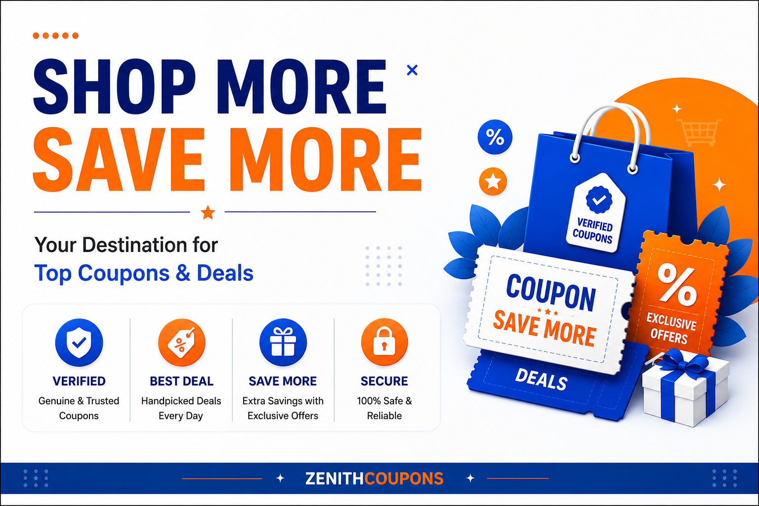 Zenith Coupons store page banner featuring verified coupons, best deals, extra savings and secure shopping